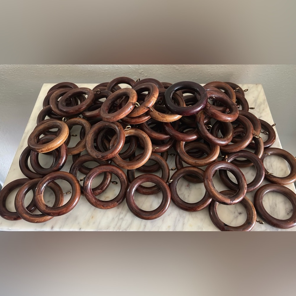 MCM Wood Drapery / Curtain Rings Rod Pole Gold Eye Hooks Lot 67